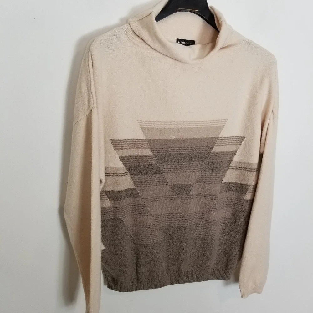prAna‎ Frosted Pine Organic Cotton Sweater Sz L Beige Cowl Neck Pullove Soft